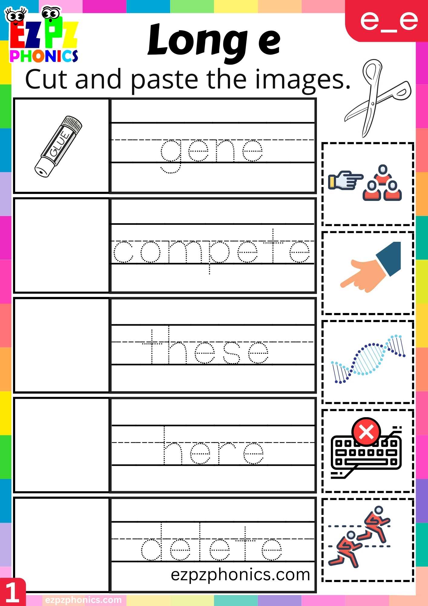 E_E Words Cut And Paste The Images Long E Phonics Worksheet